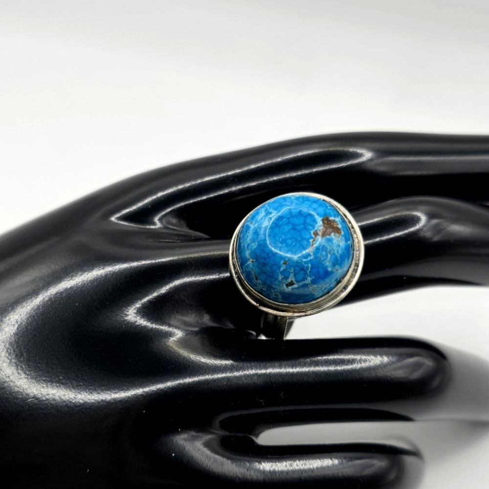 Native American Classic Ring - 925 Silver - Genuine Blue Turquoise Stone Size 12